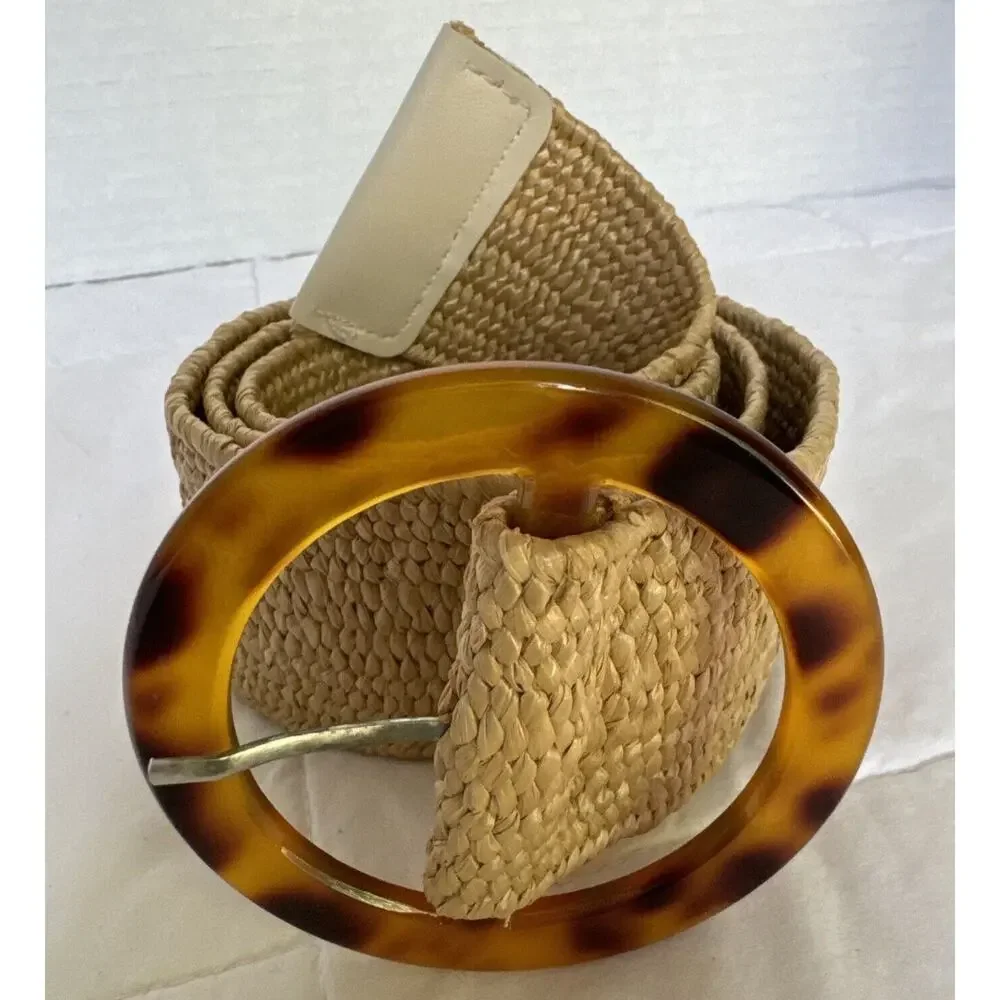 Vintage Macrame Belt Elastic Round Brass Tone Buckle Boho Retro 34’ * 2’